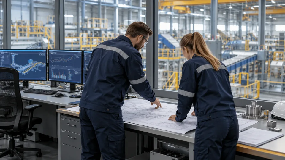 Illustrative engineers reviewing production information in a control office.