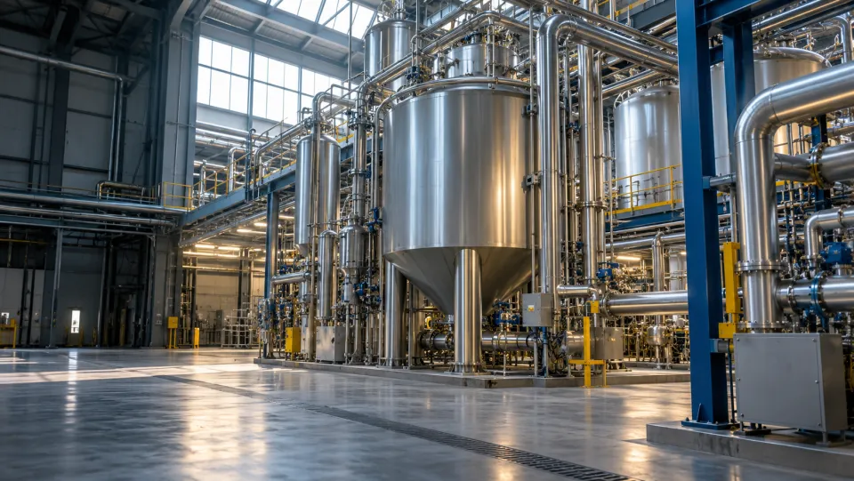 Beispielhafte Darstellung einer Edelstahl-Verarbeitungsanlage in einer Industriehalle.