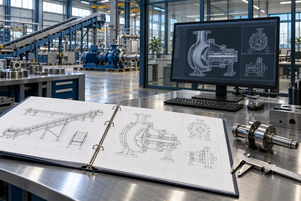 Planos técnicos y componentes de precisión en una mesa de ingeniería.